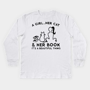 A Girl Her Cat & Her Book Kids Long Sleeve T-Shirt